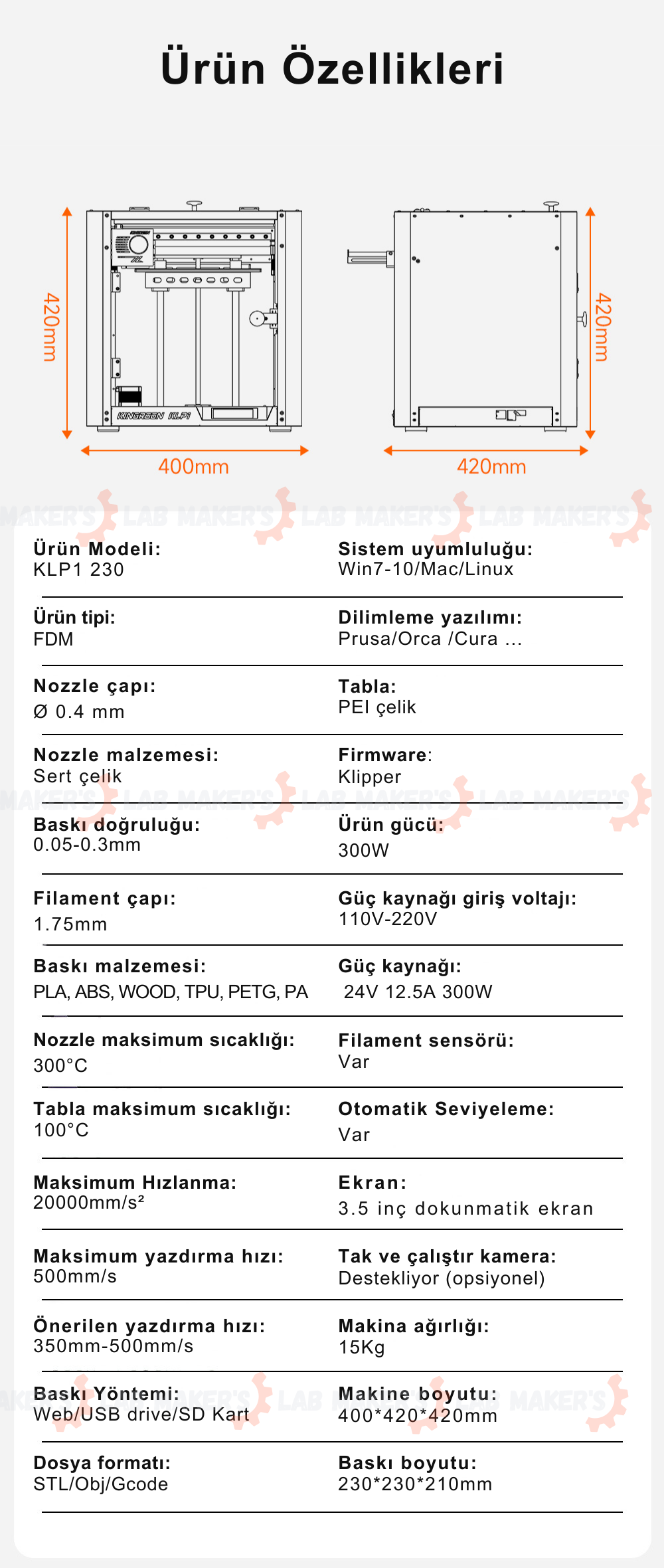 Kingroon KLP1 230 CoreXY Yazıcı - 100% tam montajlı